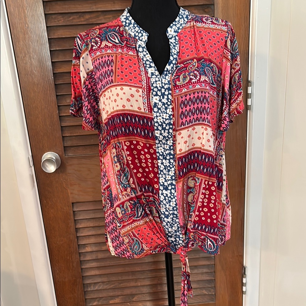 Emily Rose Red and Orange Tie Front Blouse